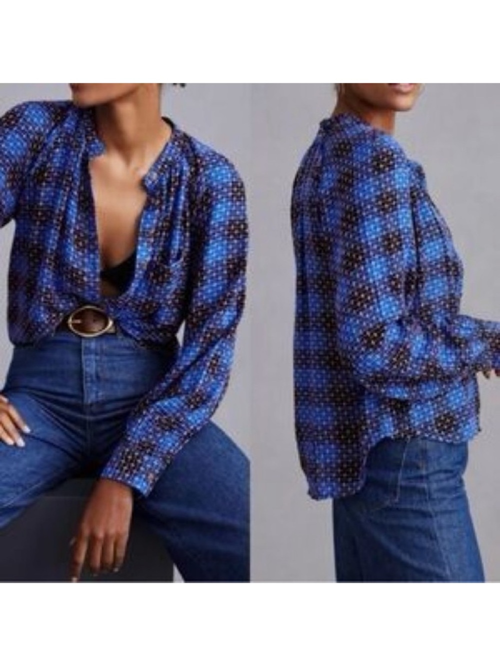 Anthropologie Blue and black Plaid Long-Sleeve button down Women's Blouse - Picture 3 of 10